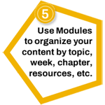 5. Use Modules to organize your content by topic, week, chapter, resources, etc.